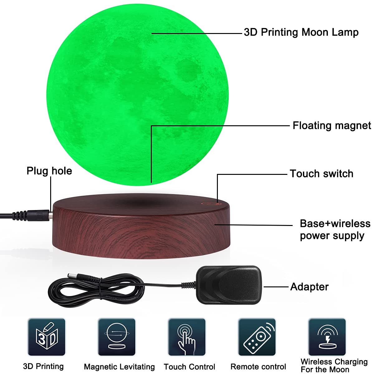 Vgazer Levitating Moon Lamp - 3D Printed, 16 Color Modes, Remote Control, Unique Gifts For Christmas, Room Decor, Office Desk