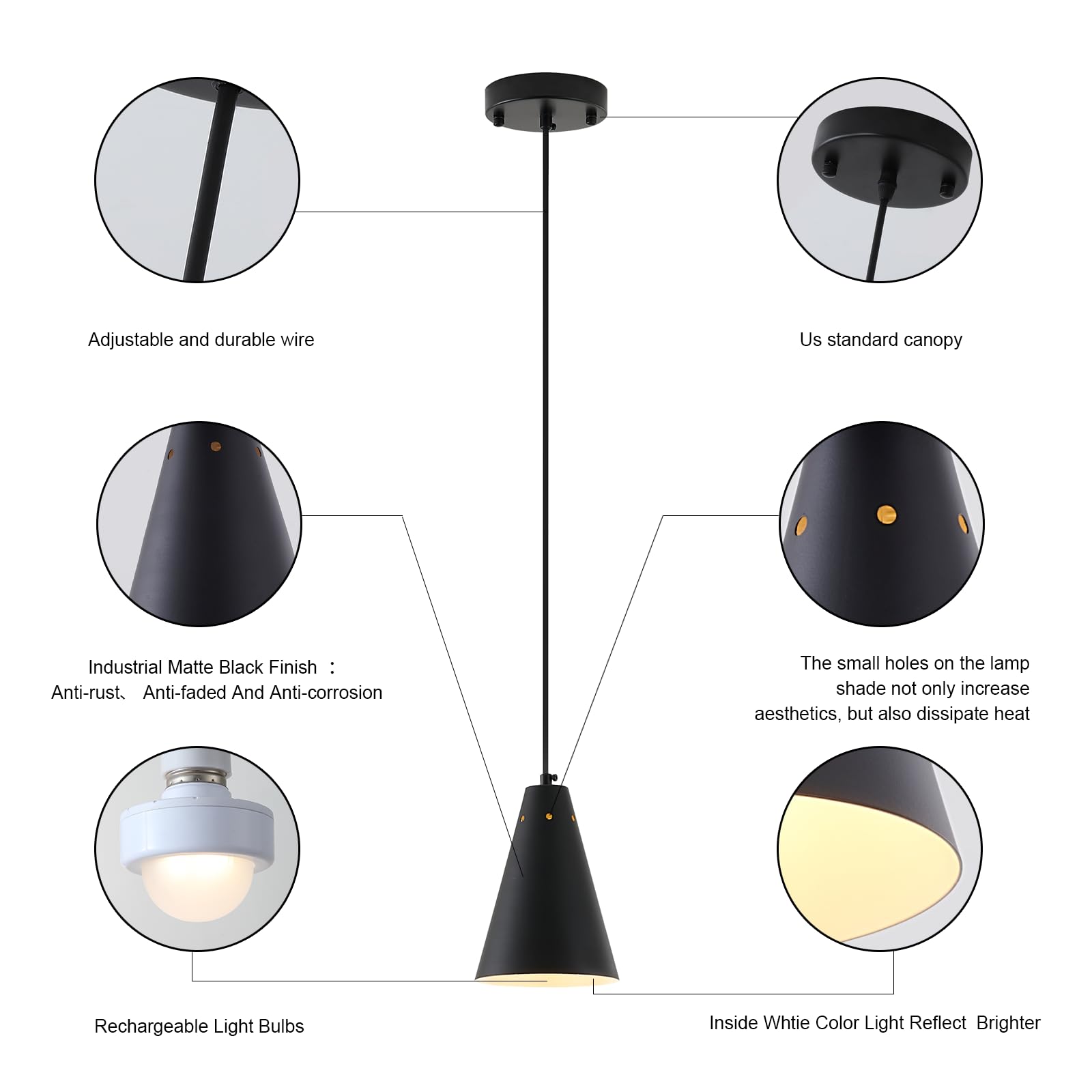 Dijiahua Black Battery Operated Pendant Light, 3 Pack, Metal Shade, Remote Control, Modern Dimmable Mini Chandeliers, P-JDH0116