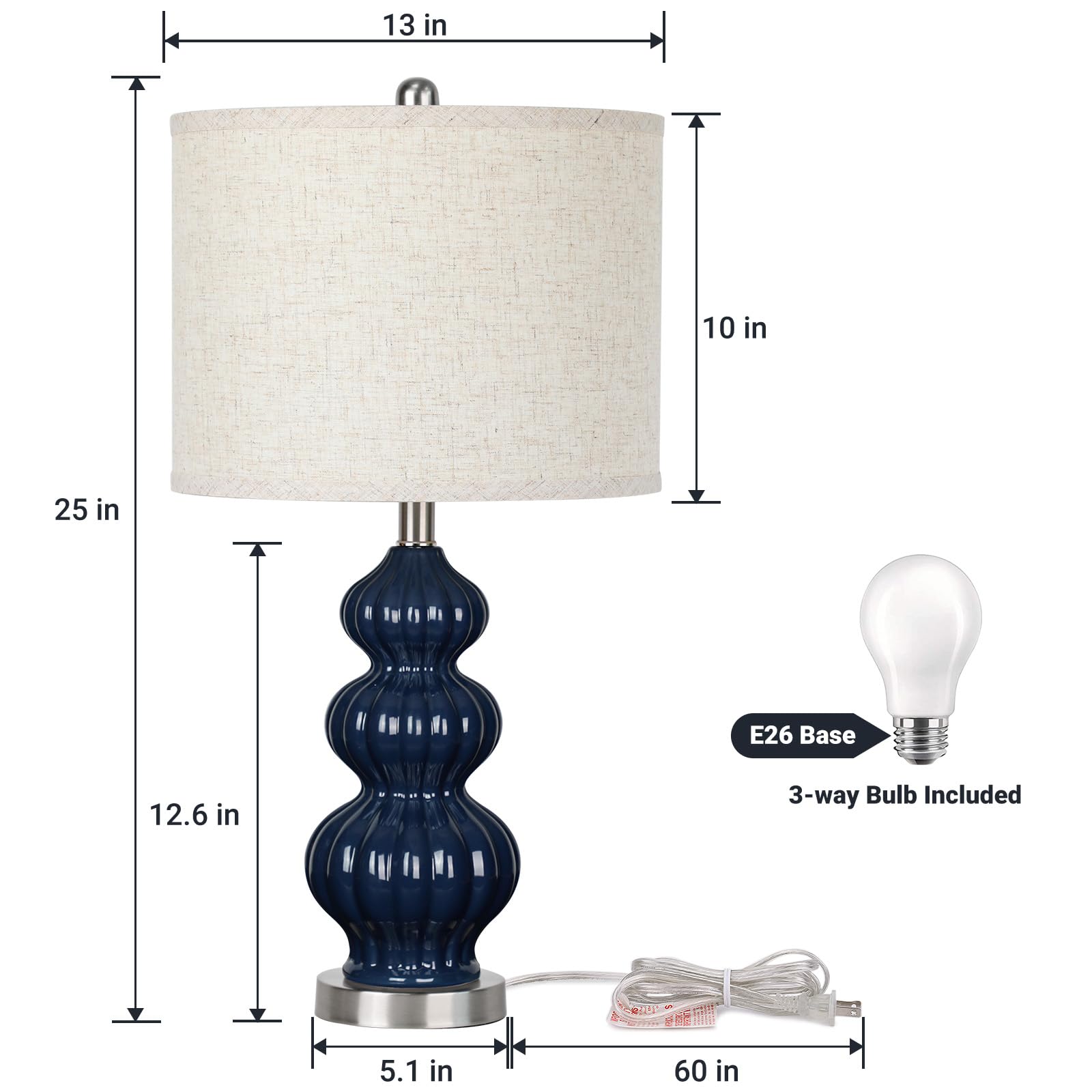 25'' Ceramic Table Lamp Navy Blue Triple Gourd Ceramic Lamp Table Lamp Modern Lamp For Bedroom Living Room, 3-Way Dimmable Bulb