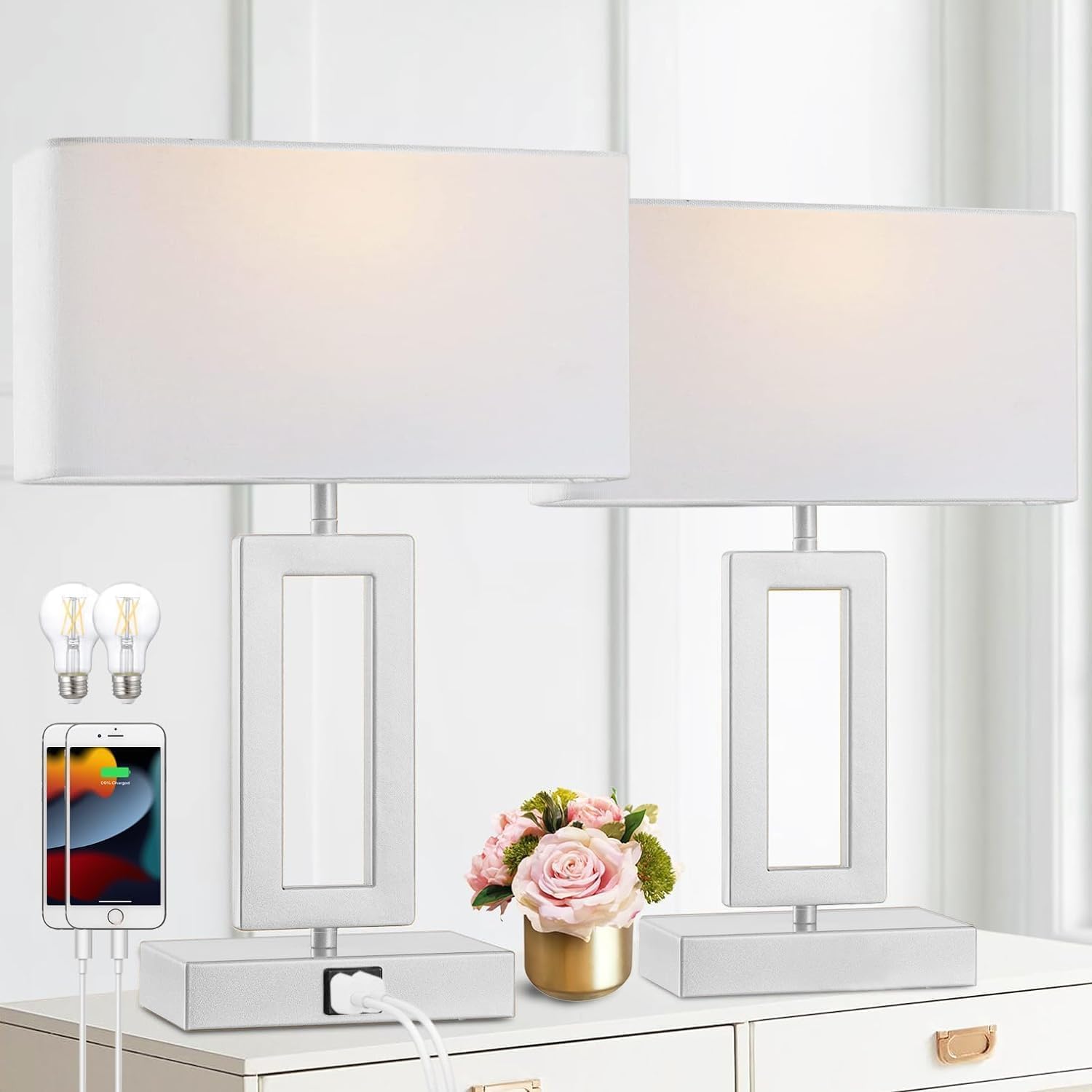 gernehop Silver Table Lamps Set of 2 with Dual USB Ports,3-Way Dimmable Touch Control Bedside Lamps,Modern Bedroom Table Lamp fo