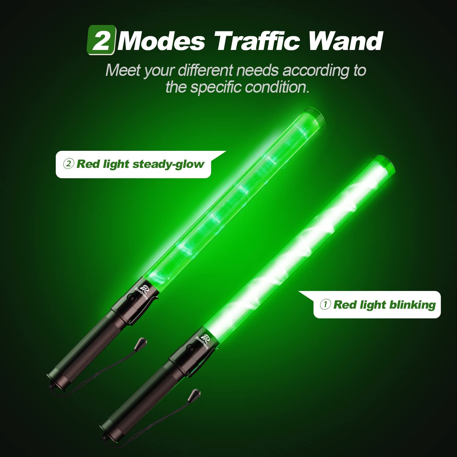 Roadhero 2 Pack 21Inch Traffic Wands, Green Led Traffic Control Baton, Night Safety Light Wand With 2 Flashing Modes, Air Marshaling Signal Wand With Side Clip For Airport, Parking, Car Directing