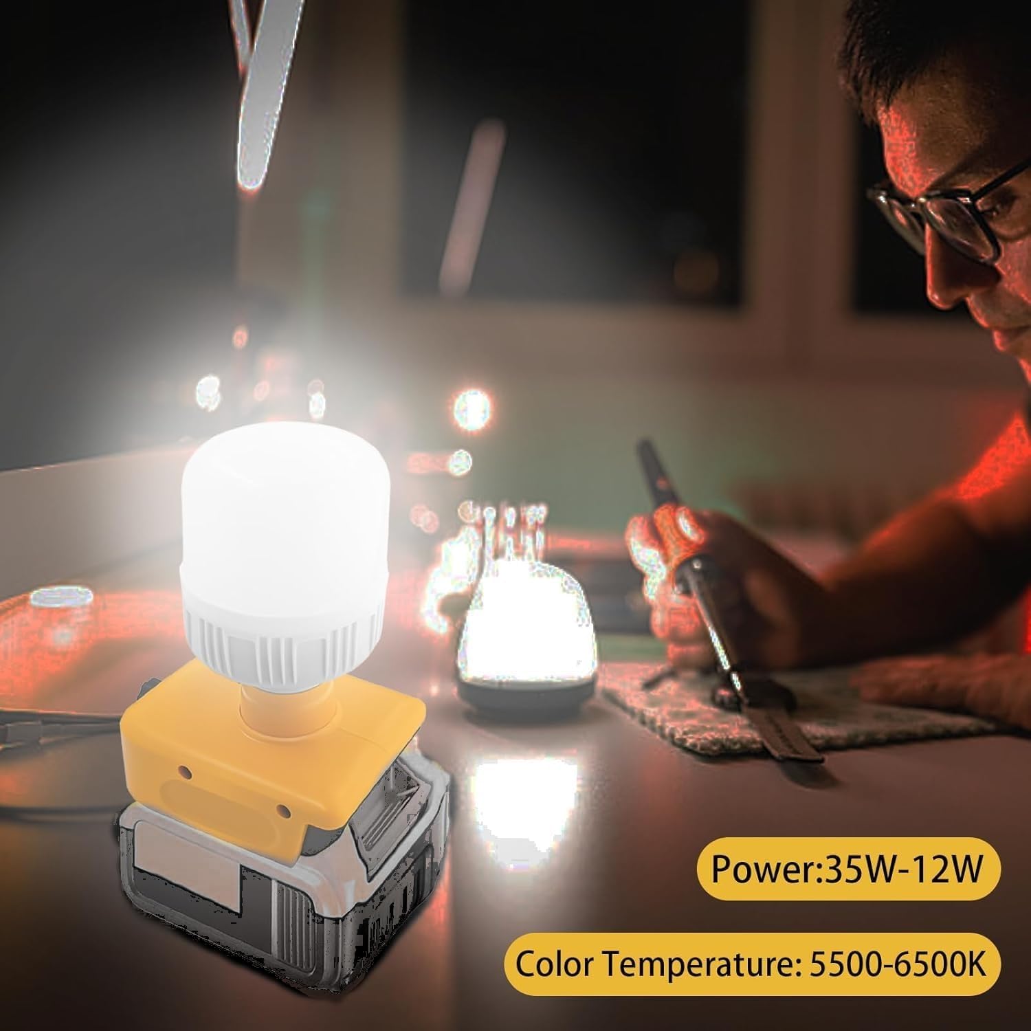 Cordless Led Work Light For Dewalt With E27 Led Bulb, 12W 1300Lm Super Bright Led Lamp Emergency Light For Dewalt 20V Battery Fo