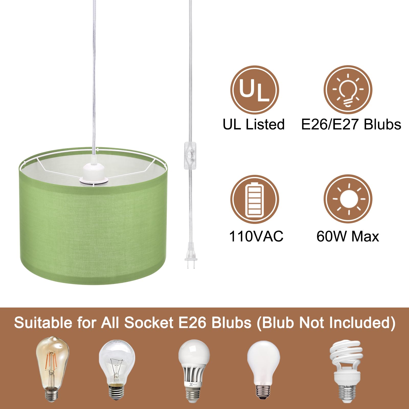 PATIKIL Plug-in Pendant Light with 15Ft Rope Cord, Linen Fabric Shade, E26/E27 Socket, Light Green
