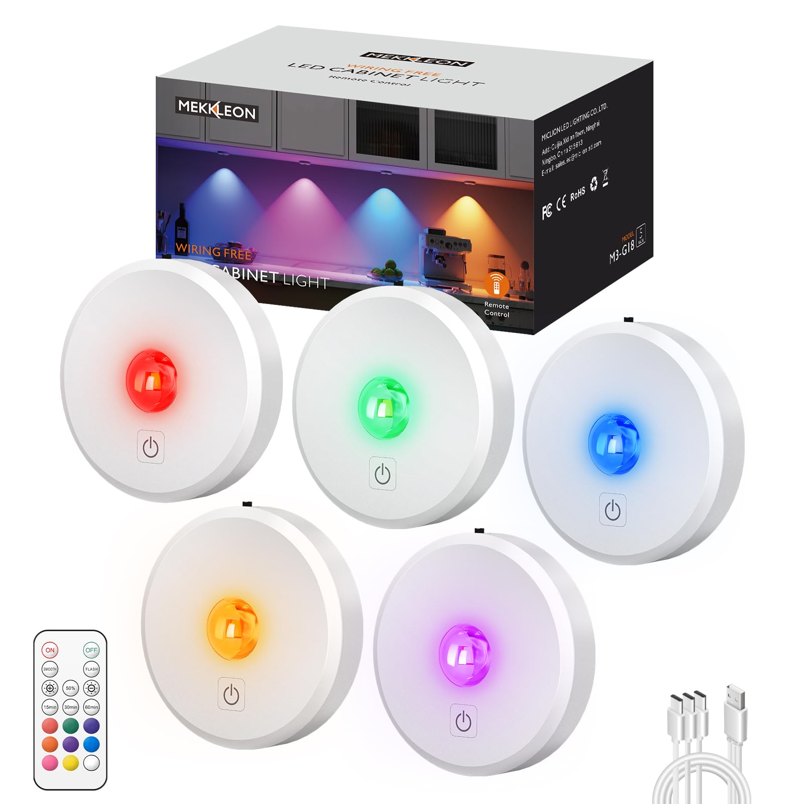 MICLIONLED RGB Puck Lights, Remote Control, 2000mAh Battery, 9 Colors, Magnetic Stick-on, Model M3-GB18, White, 5 Pack