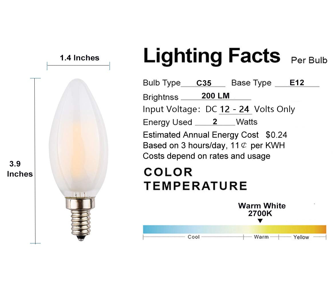 Opalray 2W Dimmable Led Bulb, 12V-24V, Warm White, E12 Base,