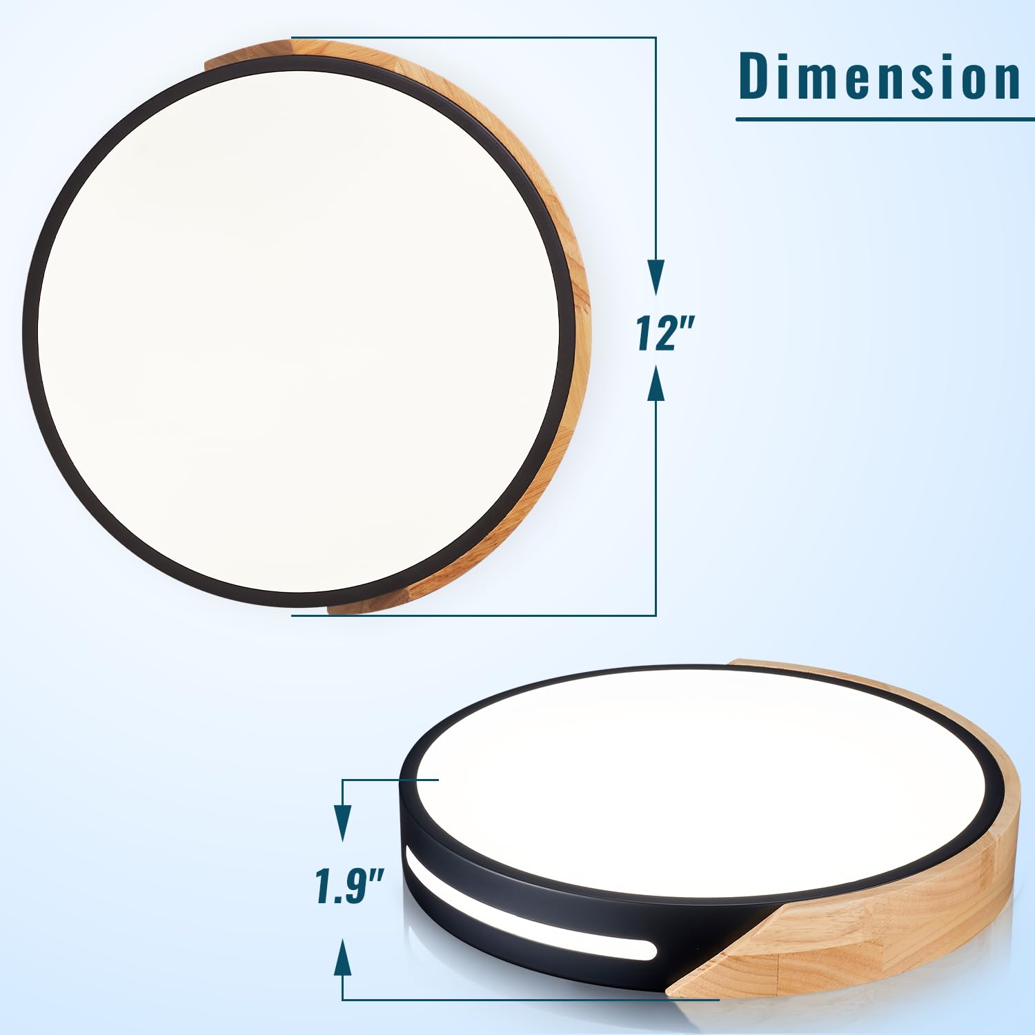 Wheatronic Black And Wood Flush Mount Ceiling Light Fixture 12 Inch, Dimmable Led Flush Mount Black, Modern Light Fixture Ceilin