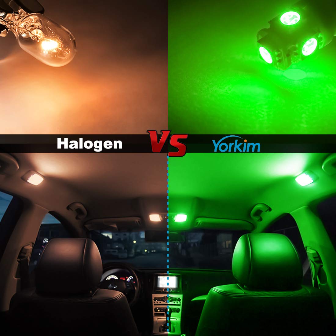Yorkim T10 LED Bulbs Green Super Bright 168 LED Model YK3066, Pack of 10 for Car Interior Dome Map Door Courtesy License Plate Lights