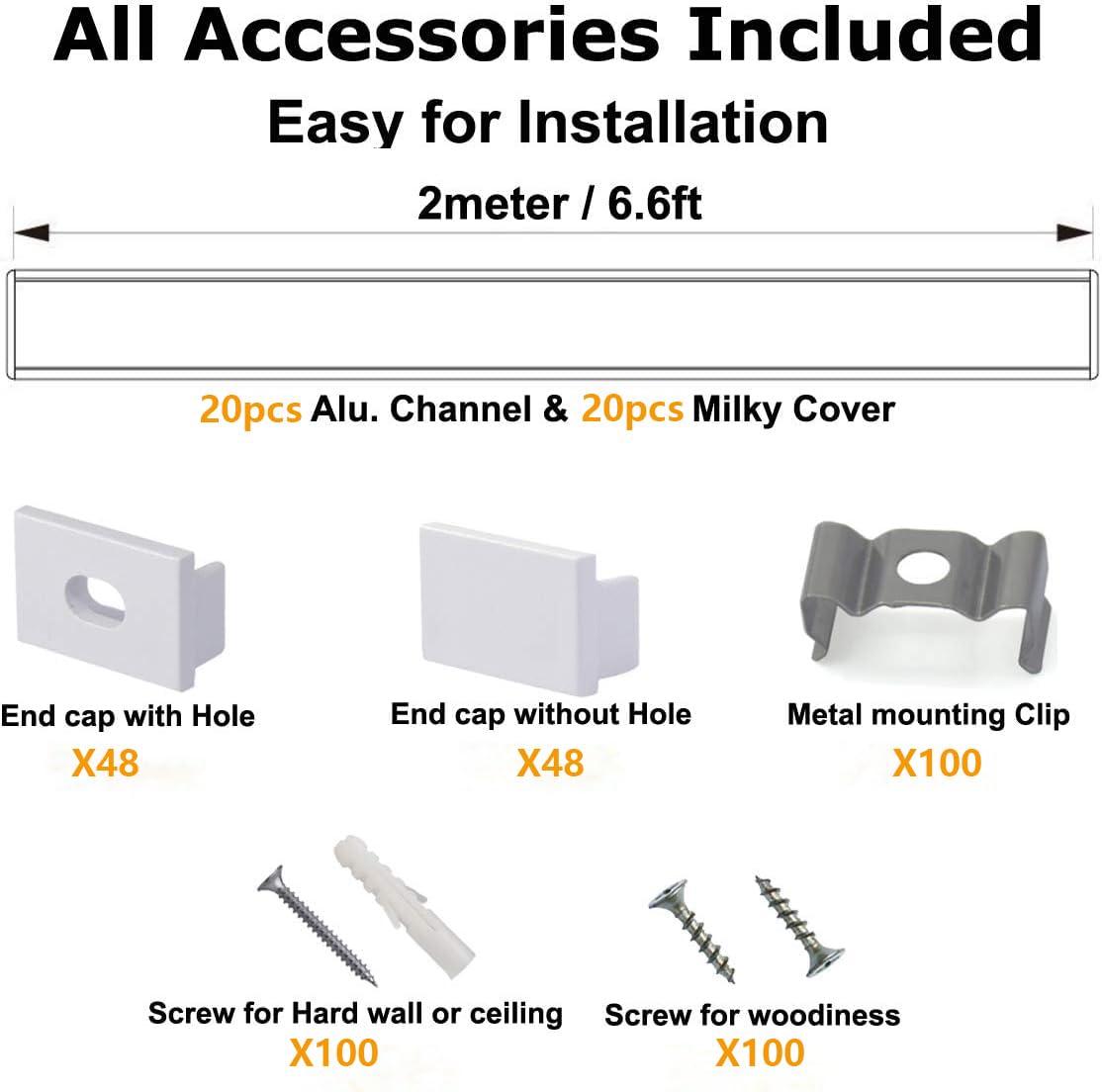 Hunhun 20-Pack 6.6Ft/ 2Meter Plus-Size U Shape Led Aluminum Channel System With Milky Cover, End Caps And Mounting Clips, Alumin