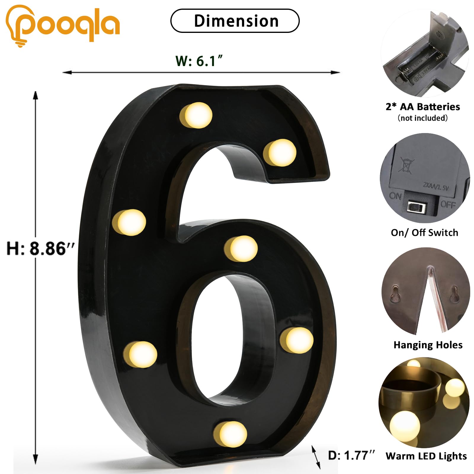 Pooqla Decorative Led Light Up Number Letters, Black Plastic Marquee Number Lights Sign For 6Th 16Th 60Th Birthday Party Wedding Decor Battery Operated Black Number 6