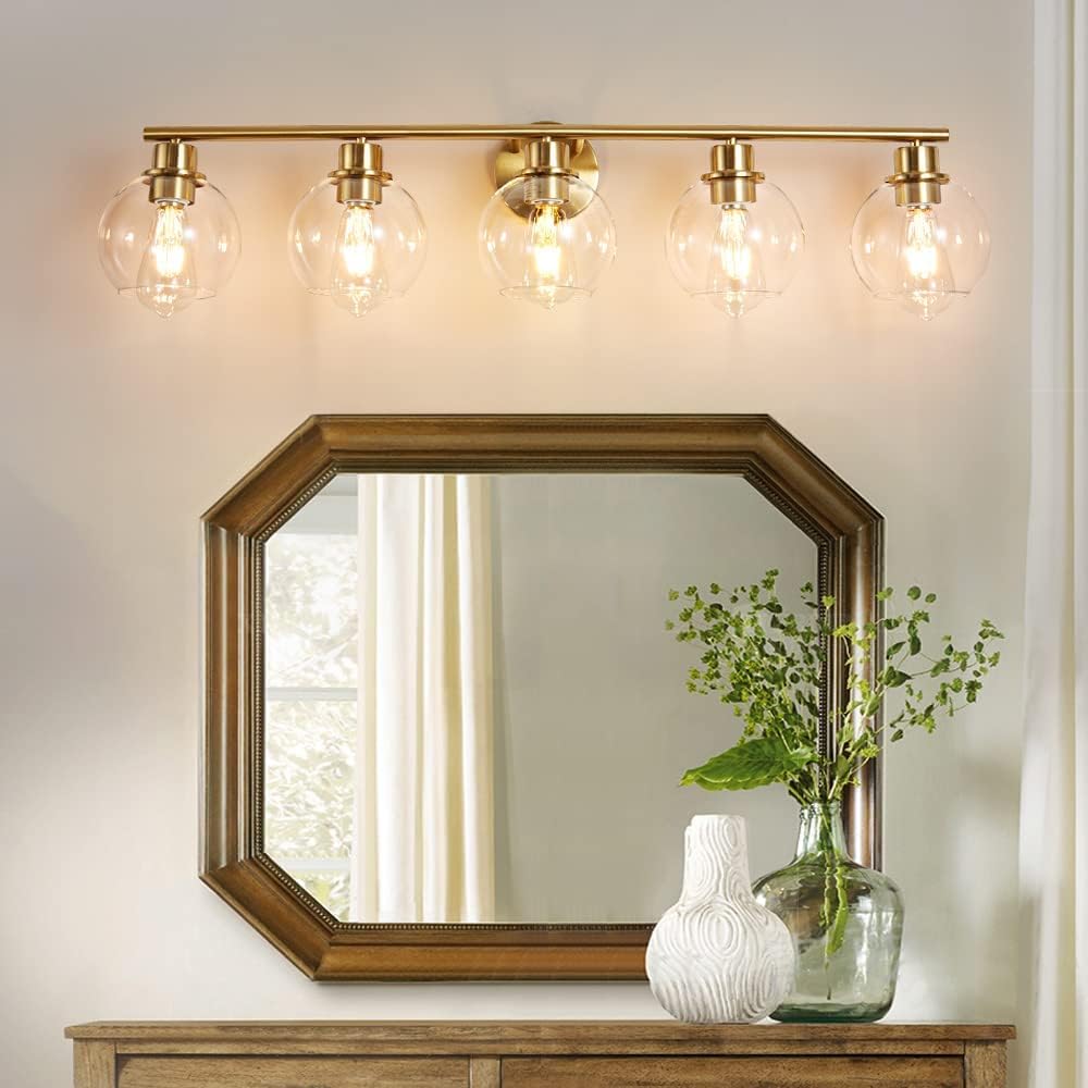 Lanmate Bathroom Light Fixtures Over Mirror 5-Lights Bathroom Vanity Light With Clear Glass Shade 37.5 Inch Modern Wall Sconce G