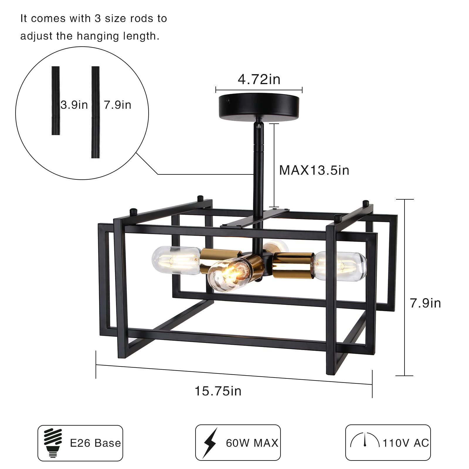 Huismier Industrial Semi Flush Mount Ceiling Light, 4-Light Farmhouse Ceiling Lights Fixture, Black And Gold Metal Close To Ceil