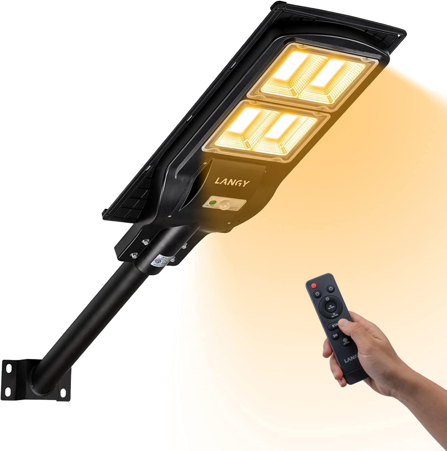 LANGY Solar Street Lights Outdoor Warm white  Commercial Parking Lot Lights Yellow LED Chips 3000k Solar Street Light with Motion Sensor & Dusk to Dawn IP65 with Remote Control for Barn  Yard  Pathway