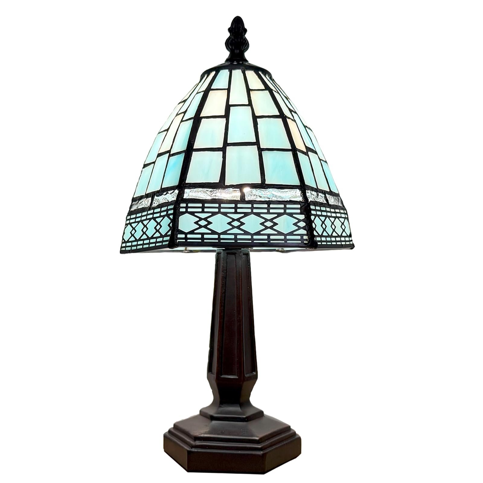 KALOUFUL Small Tiffany Style Table Lamp 3 Color Temperature Grid Blue Stained Glass Table Lamps Bedside Nightstand Night Light for Bedroom Living Room  Dining Room W/LED Bulb 6X6X13Inch