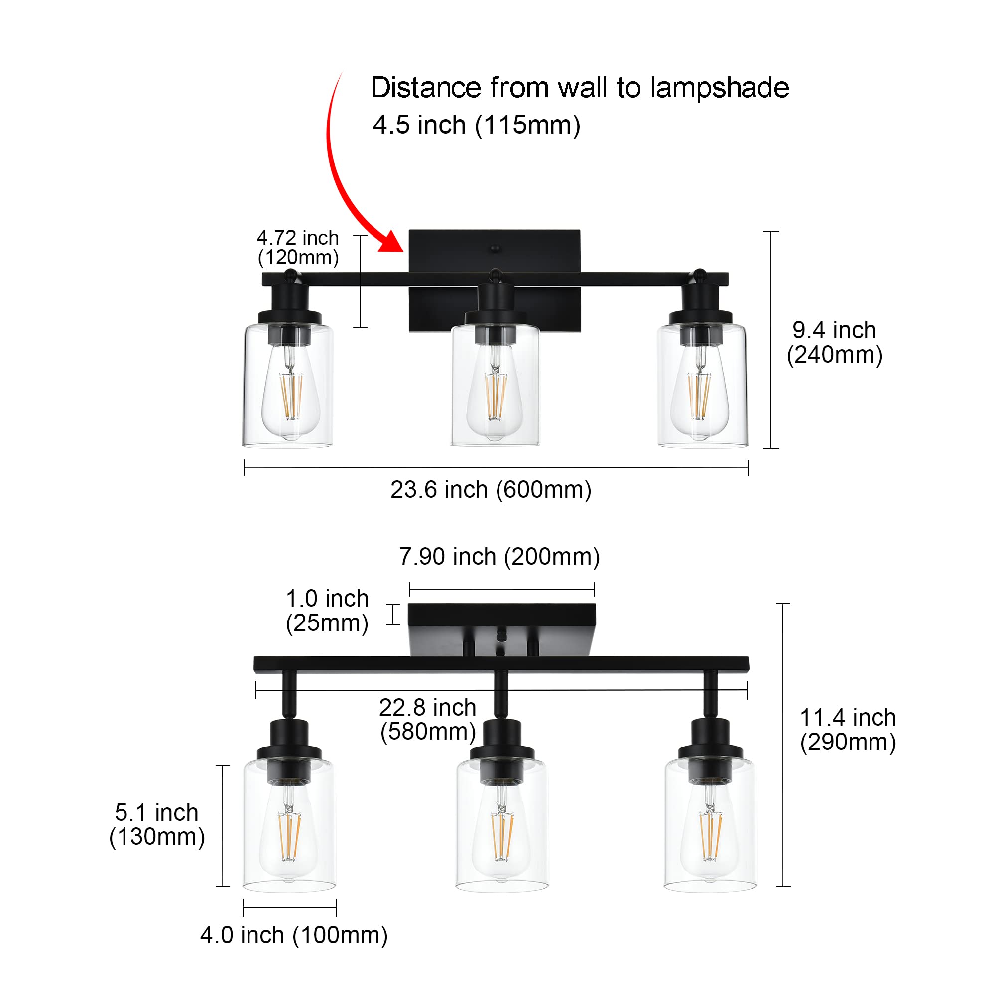 Melucee 3 Light Bathroom Vanity Light Black Track Lighting Fixtures Ceiling, Vanity Lighting Fixtures With Rotatable Track Head For Hallway Porch Foyer Bath Storage, Clear Glass Shade