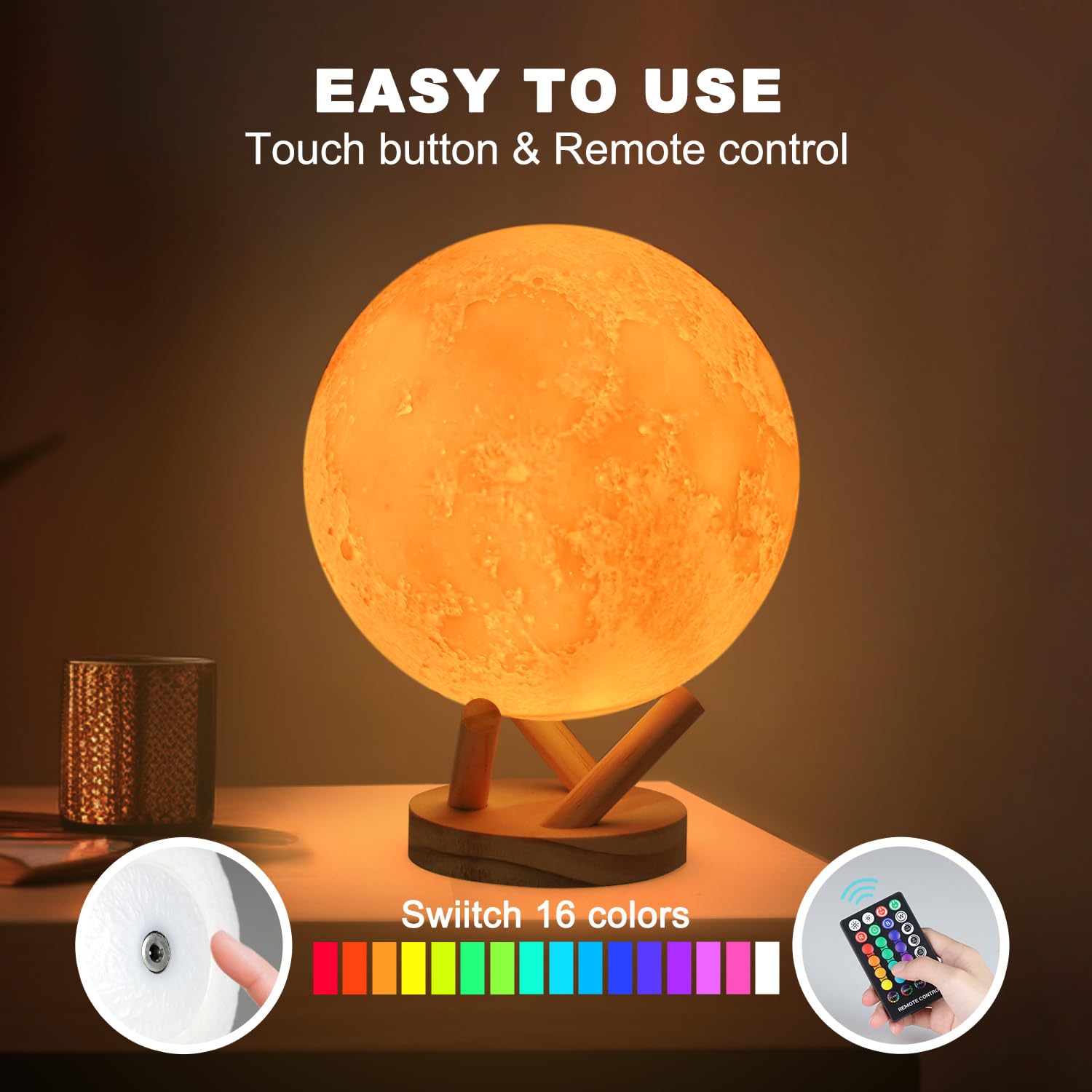 GROPINFLY Moon Lamp - 16 Colors, USB Rechargeable, Sliding Control Night Light, Unique Stand, White, Perfect Gift for Kids and Lovers