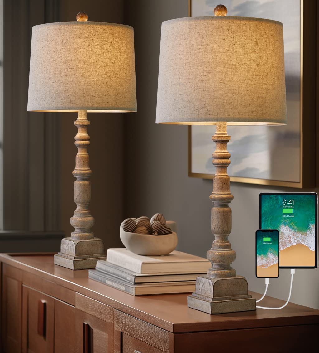 Oneach USB Table Lamps Set of 2, Vintage Farmhouse Resin, 27.75in, Antique Wood, Model AMZ-T336USB-WW