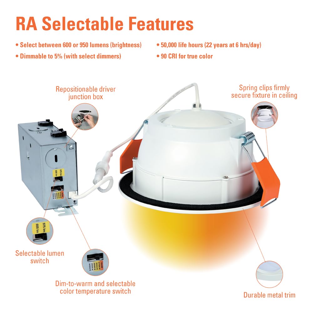 HALO RA 6-Inch Canless LED Recessed Downlight, Adjustable Gimbal, Selectable Lumens & Color, Dim-to-Warm, White, Model RA6LS9FSD