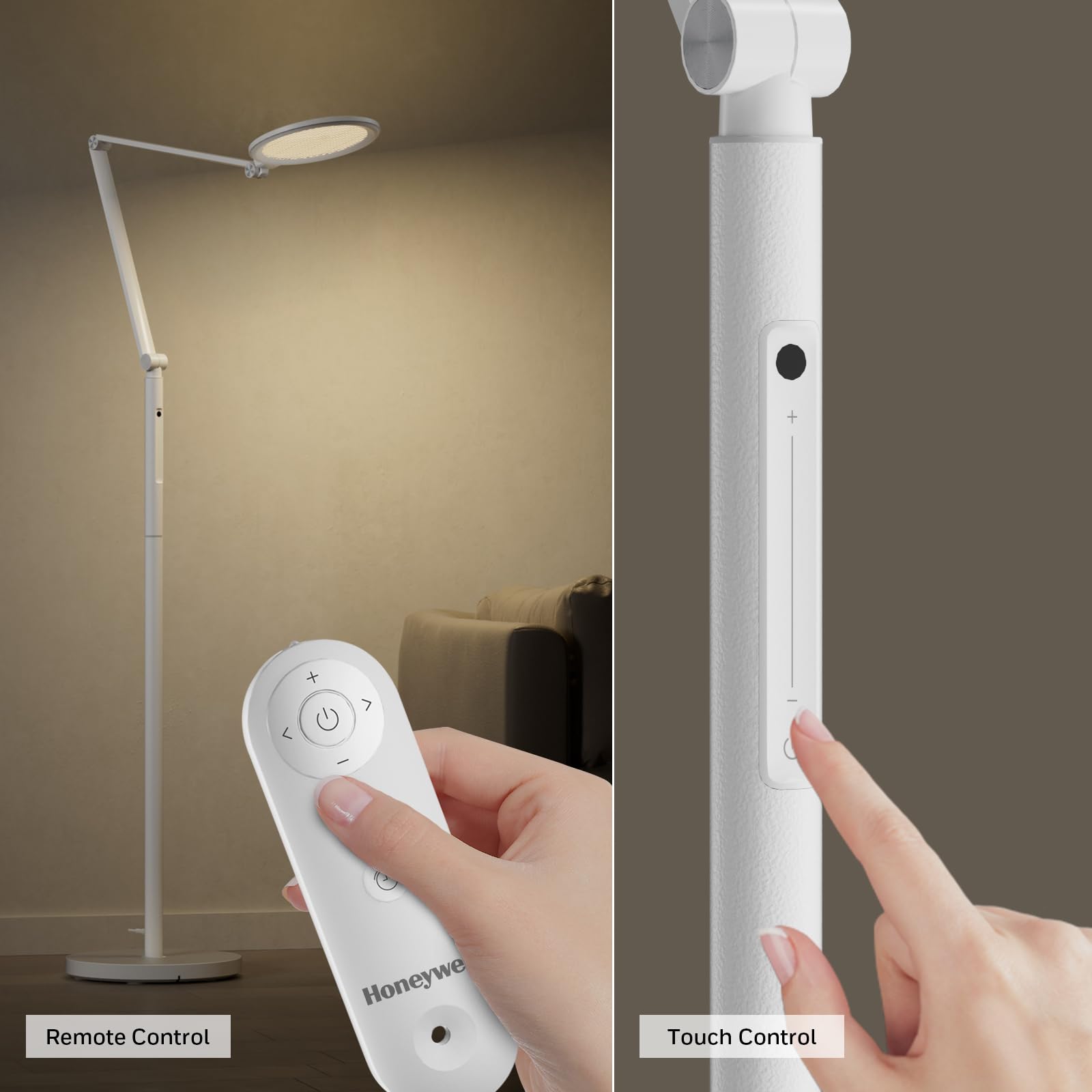 Honeywell LED Floor Lamp - Dimmable Eye Caring Light with Remote, 5 Colors & Brightness, Tall, White, Model HWL-F01WT