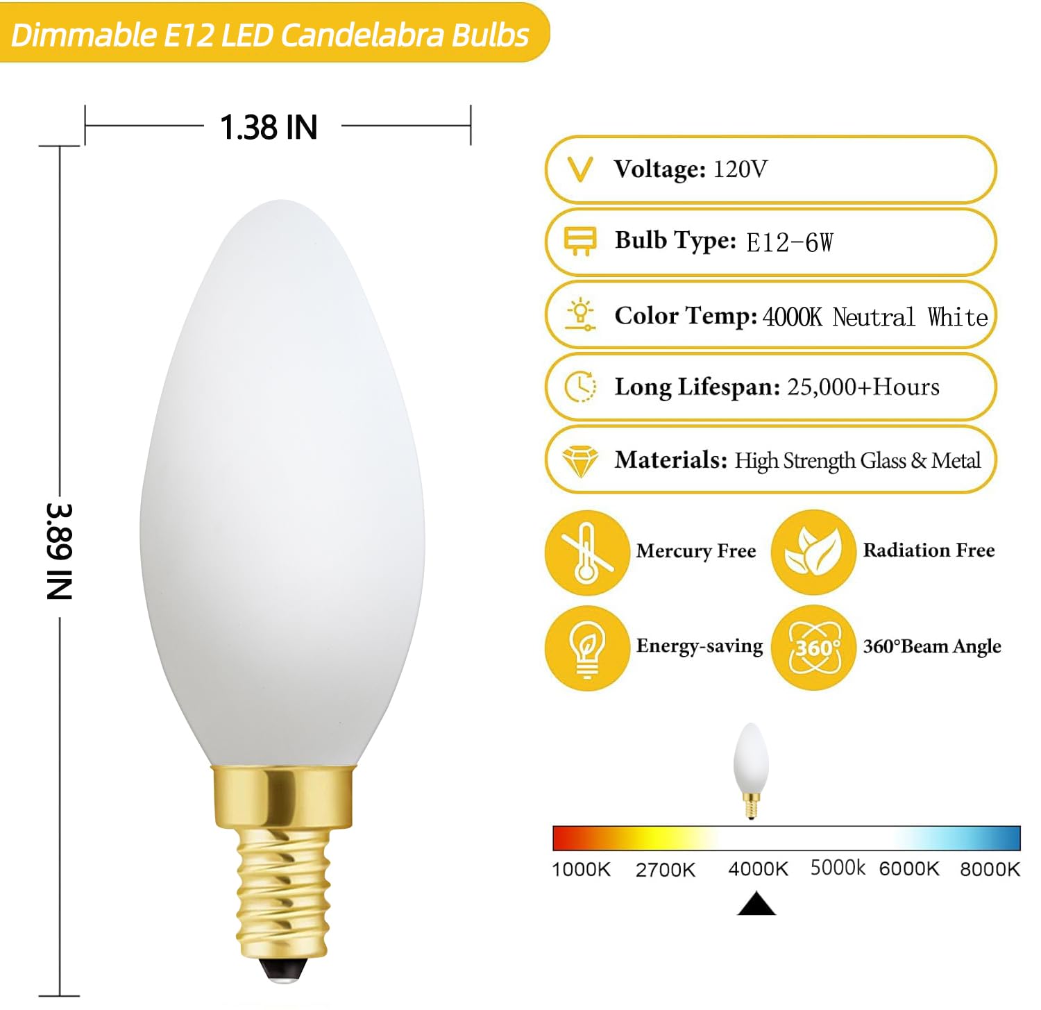Xininsun E12 Frosted Led Bulb 6W Equivalent E12 Candelabra Bulb 60 Watt Daylight 4000K Matt White Glass Ac120V 600Lm Dimmable B1