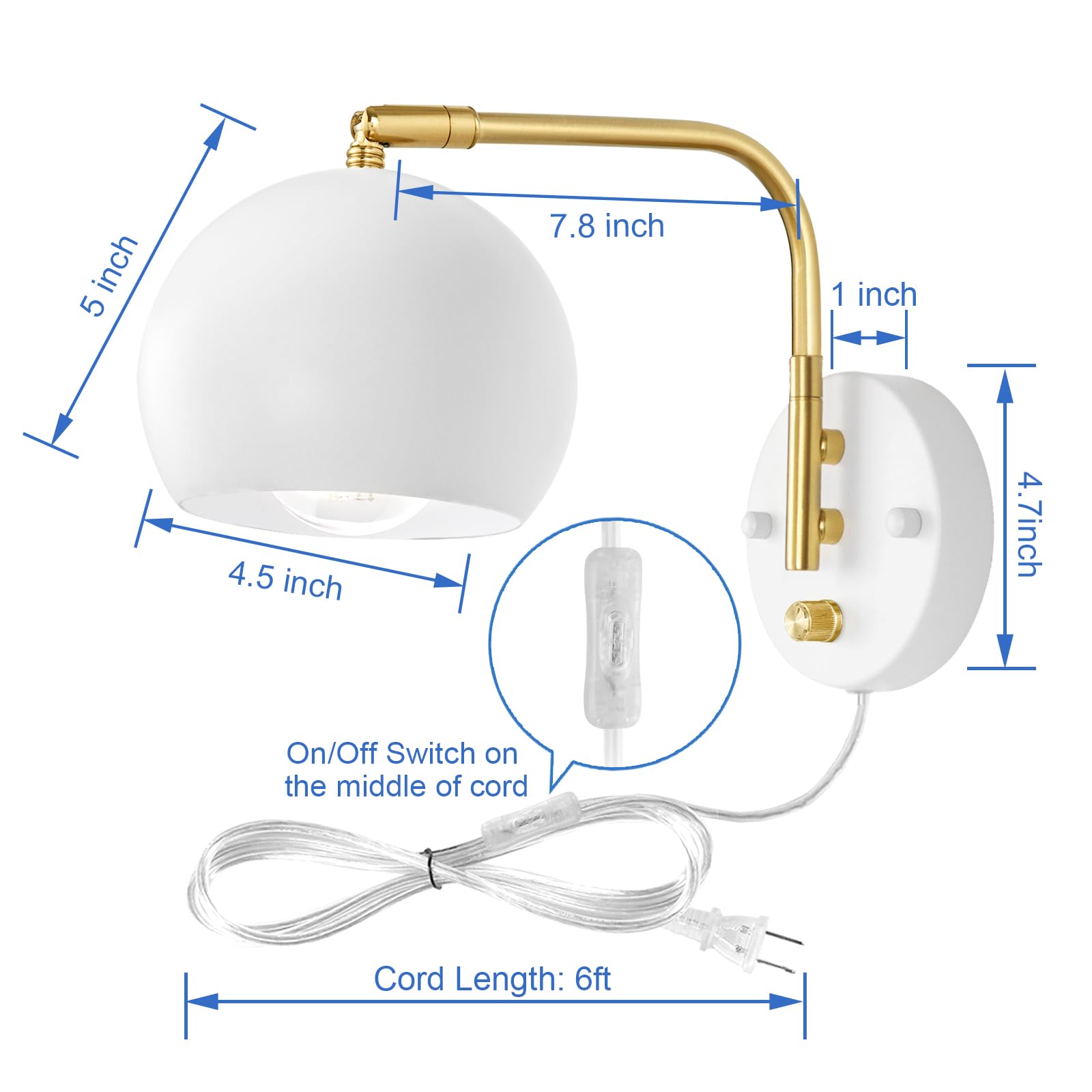 VATONI Wall Sconces Plug-in, Dimmable Swing Arm Lights, 2 Pack, White Globe, Metal, Model LSlamp-Whtsh-2P, Bulbs Included