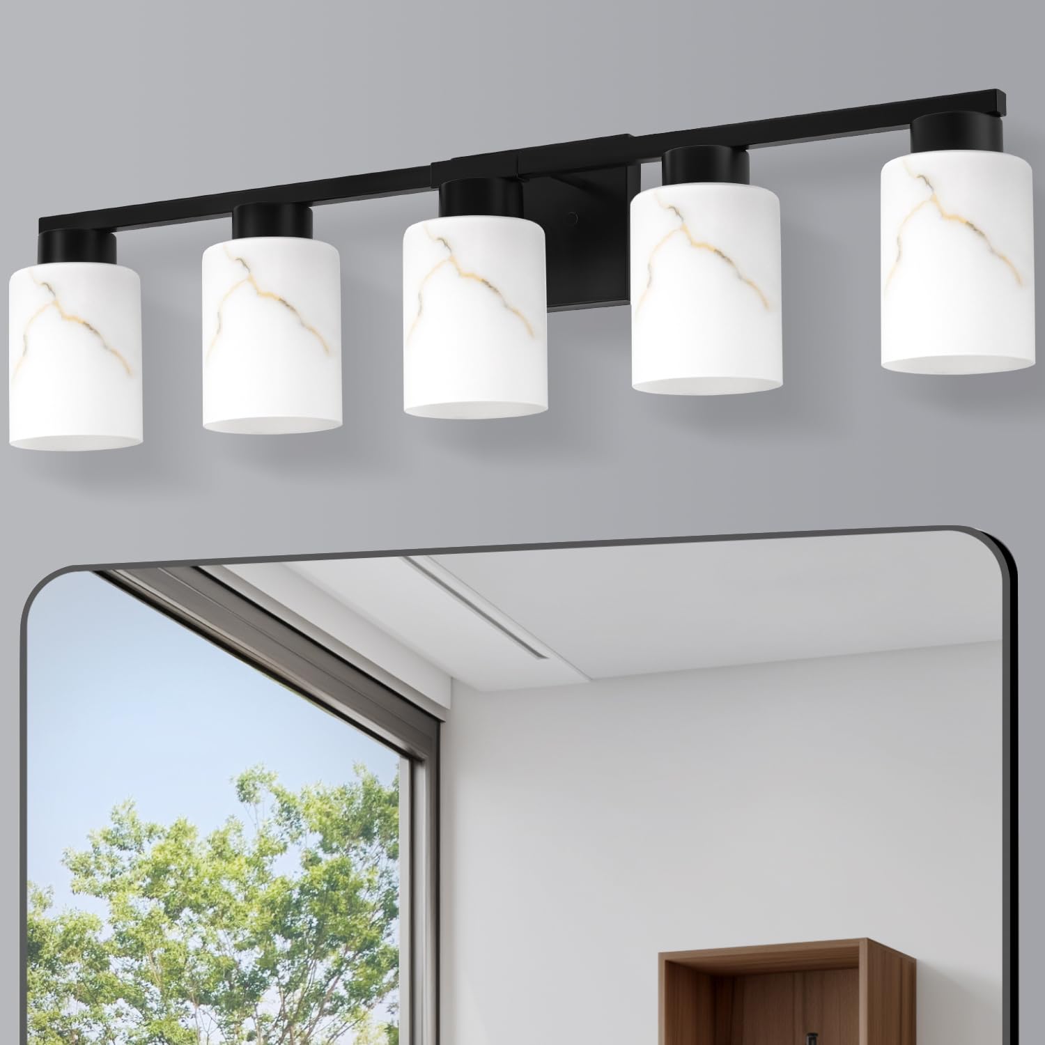 Mieloxiy 5-Light Bathroom Light Fixtures  Modern Vanity Lights  Black Metal Wall Lamp with White Marble Glass for Bathroom  Mirror  Living Room  Bedroom  Cabinet  Porch  Hallway  E26 Base