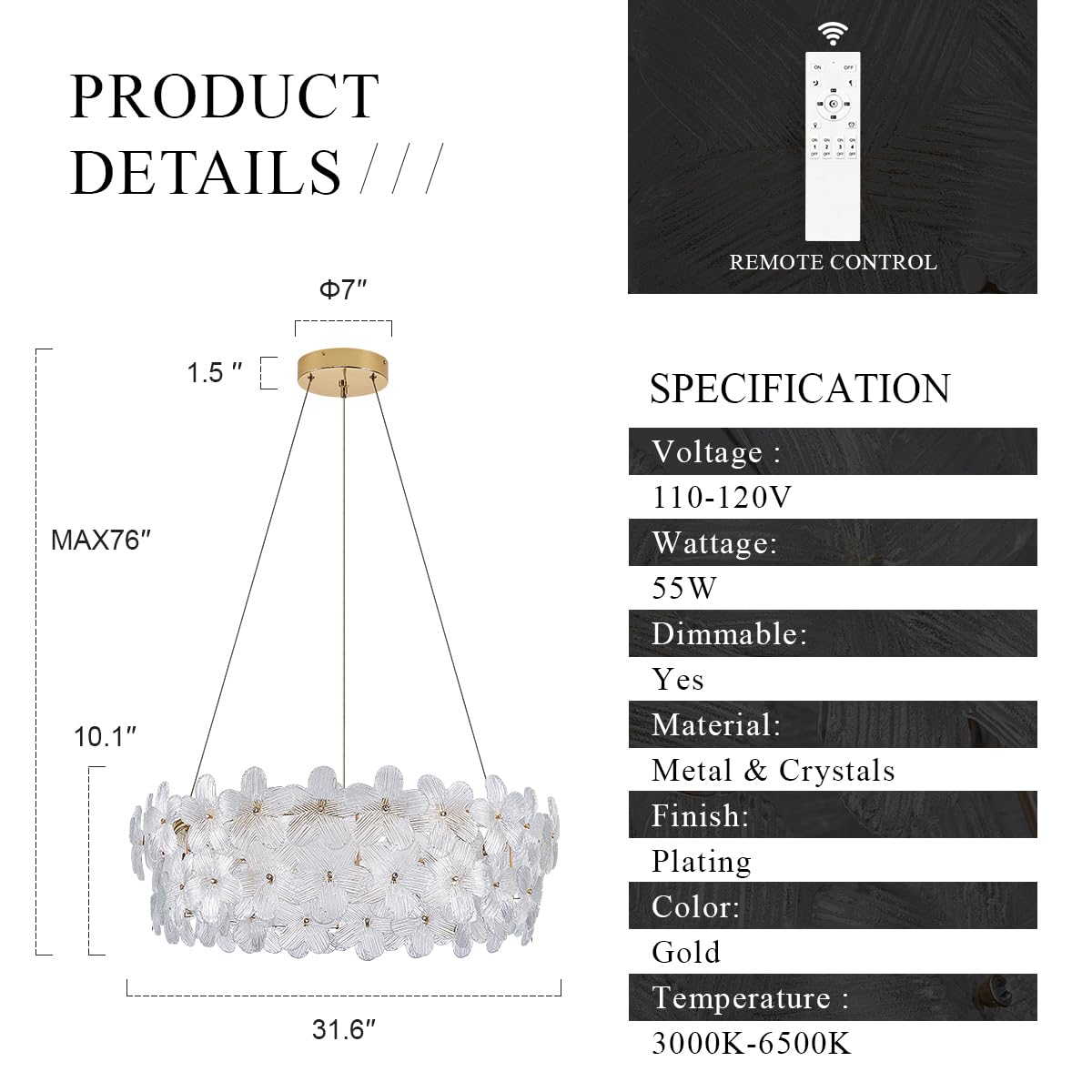 Poemoon D32" Gold LED Chandelier with Remote Control, Dimmable 3000-6500K, Modern Design for High Ceilings, Model P50-800G1