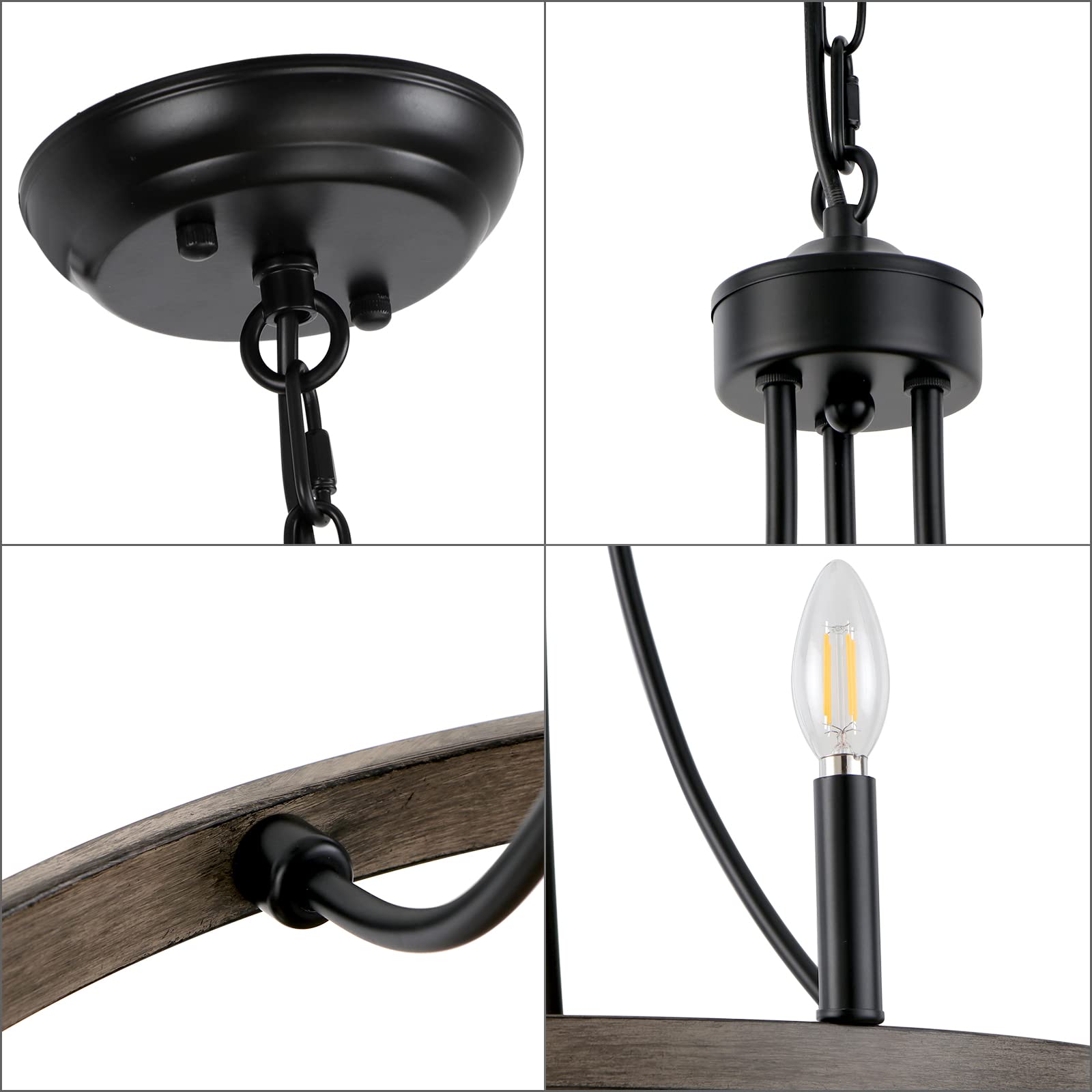 Wbindx 20'' Wagon Wheel Chandelier, 6-Light Metal Farmhouse Chandelier Rustic Faux Wood Black Round Chandeliers For Dining Room Kitchen Island Living Room Entryway Foyer Lighting