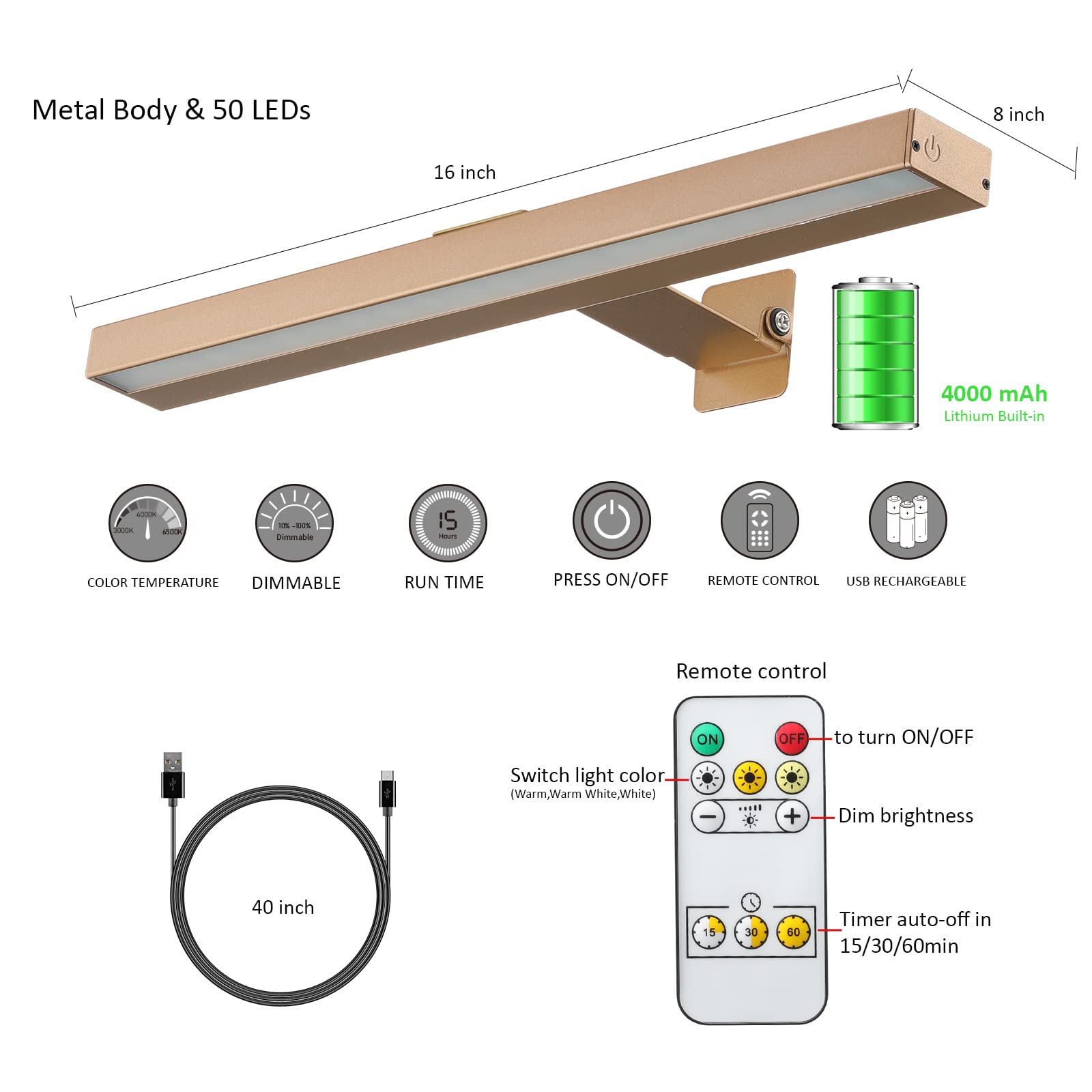 Vigmoj Wireless Led Picture Light With Remote,16In Metal Rechargeable Art Light Display Lamp,Dimmable And Timer Picture Lights F