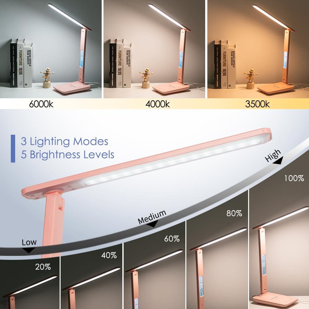 Wanjiaone Multifunctional Led Desk Lamp With Wireless Charger,Usb Charging Port,Clock,Phone Holder,Desk Lamps For Home Office,Ey