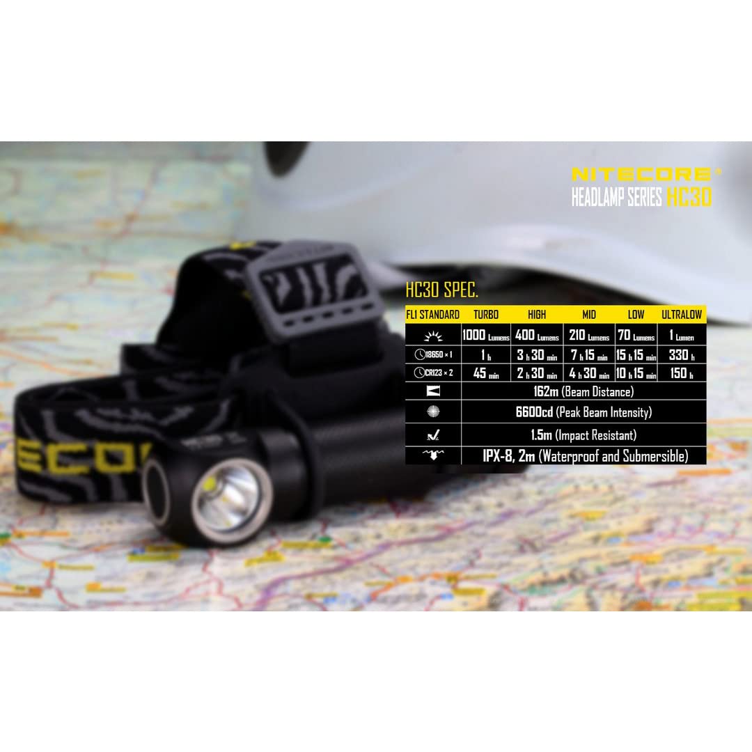 Nitecore HC30 LED Headlamp, 1000 Lumens, Rechargeable, Aluminum, Small, Black, Model NC-HC30+NL1823+UM10, Bundle with Battery &