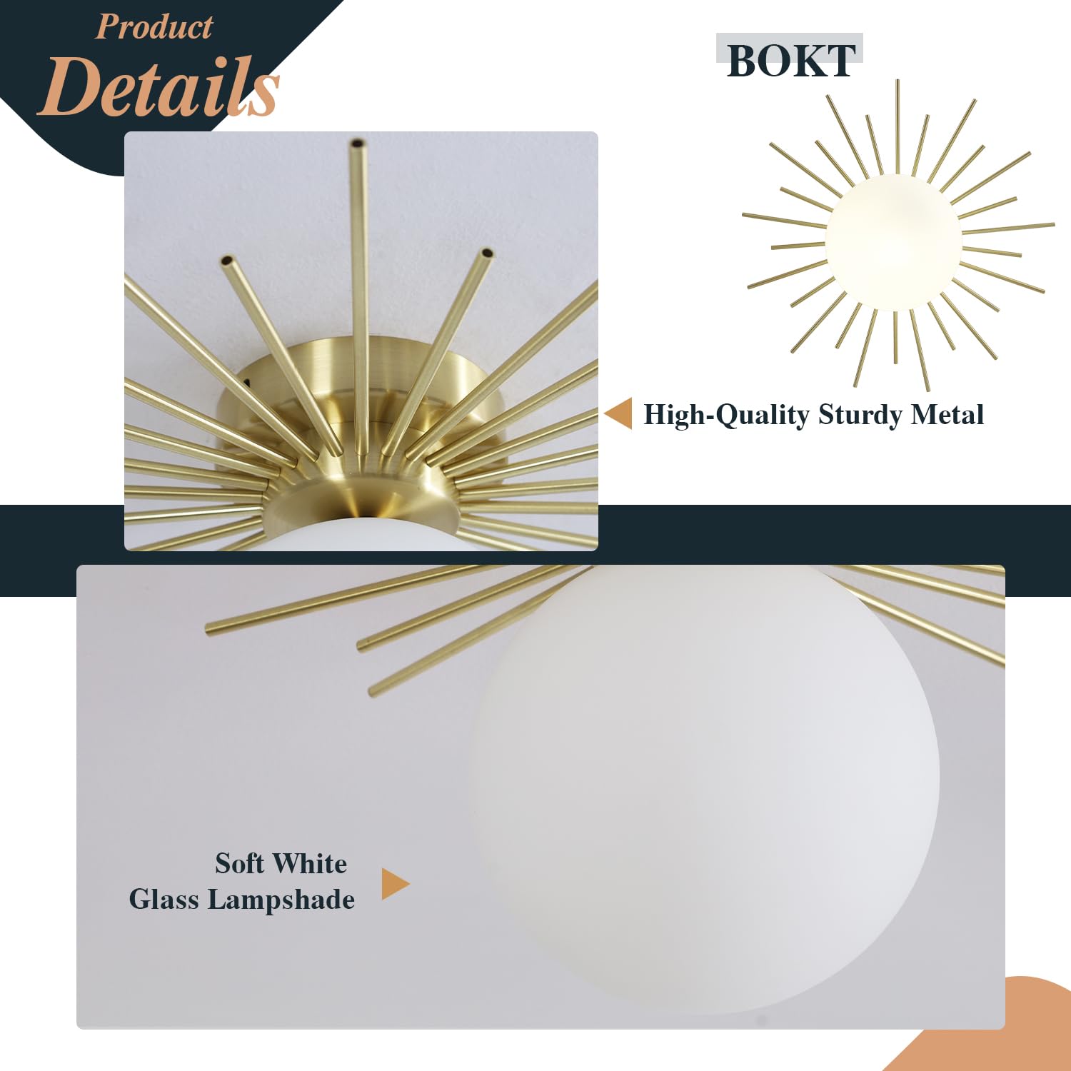 Bokt Modern Gold Semi Flush Mount Ceiling Light Mid Century White Glass Globe Ceiling Light Industrial Close To Ceiling Light Vi