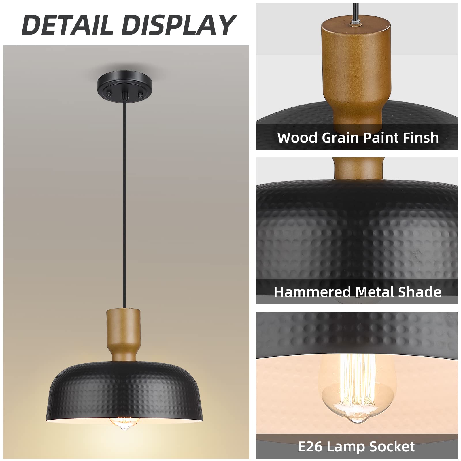 Darkaway Industrial Pendant Light - Hammered Metal Shade, Medium 2 Pack, Black, Adjustable Height, Model 6G10H-2PK BK