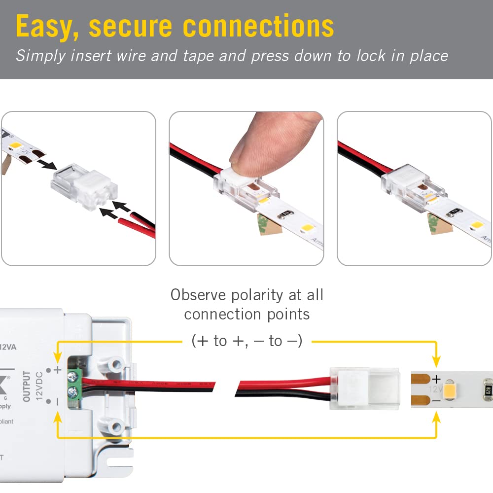 Armacost Lighting SureLock Pro LED Tape to Wire Connector, Model 560823, White, Metal Construction