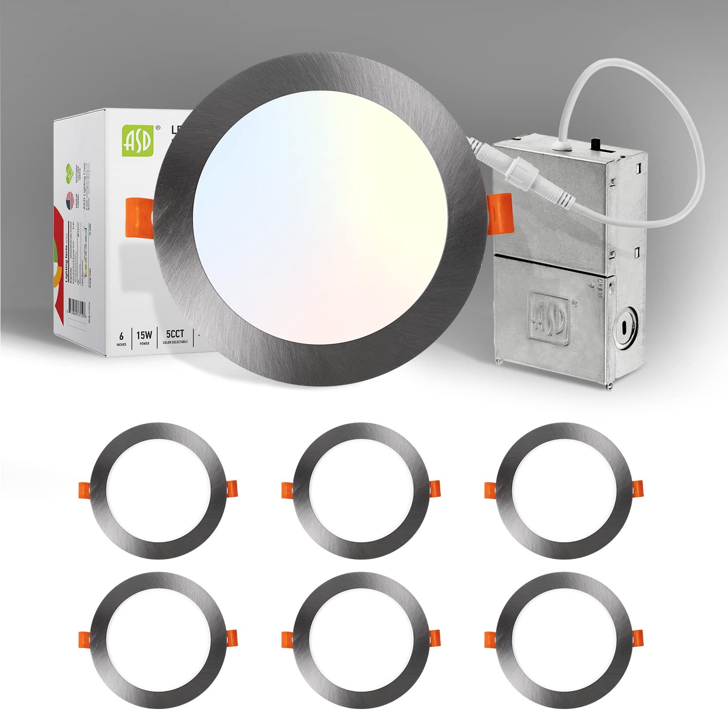 ASD 6 Inch LED Recessed Light, Ultra Thin Dimmable, 15W Equivalent, Brushed Nickel, Model A-JBR-6D15AC-NK (6 Pack)