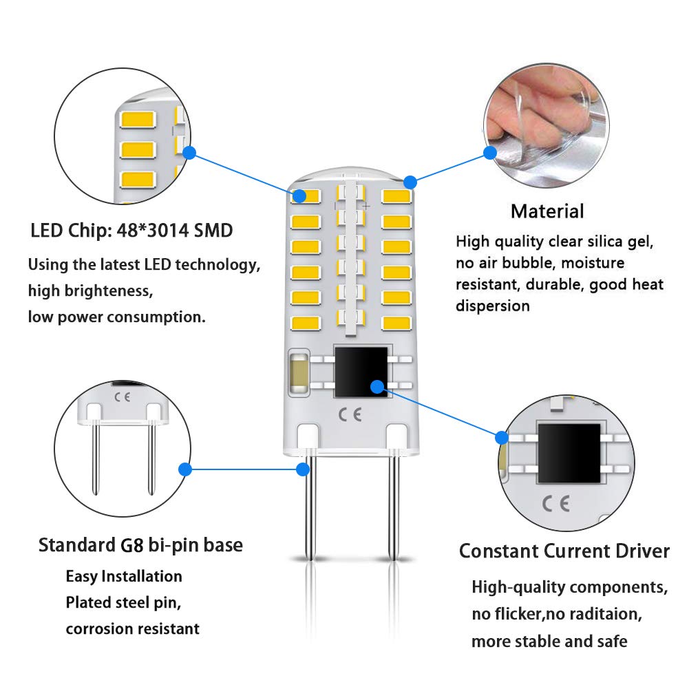 G8 Led Bulb Dimmable 3W Equivalent To T4 Jcd Type Bi-Pin G8 Base Halogen Bulb 20W-25W, Ac 110-120V Mini G8 Bulb Daylight White 6000K For Under Cabinet Light, Under Counter Kitchen Lighting (10 Pack)