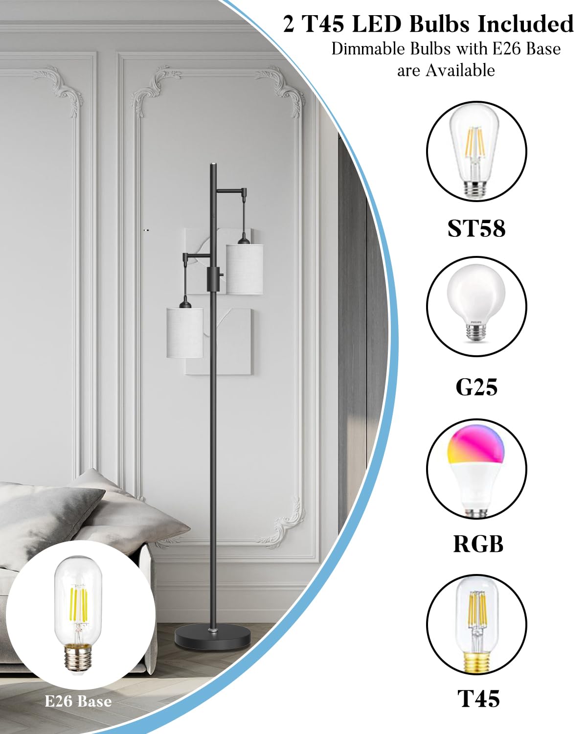 Lightdot 65In Dimmable Tree Floor Lamp Black Tall Standing Lamps With 2 E26 3000K Led Bulbs, Mid Century Modern Floor Lamp For L
