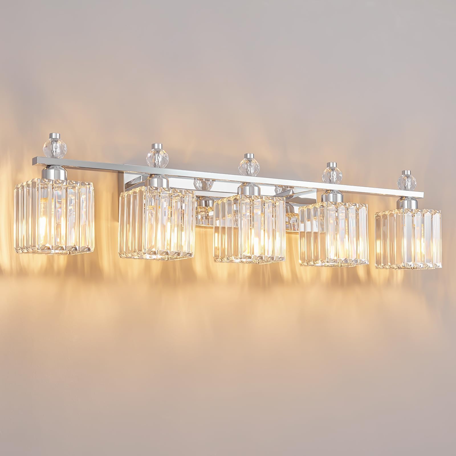FDPBY 5-Light Chrome Crystal Vanity Light Fixtures, Model 290, Metal Bathroom Lighting Over Mirror