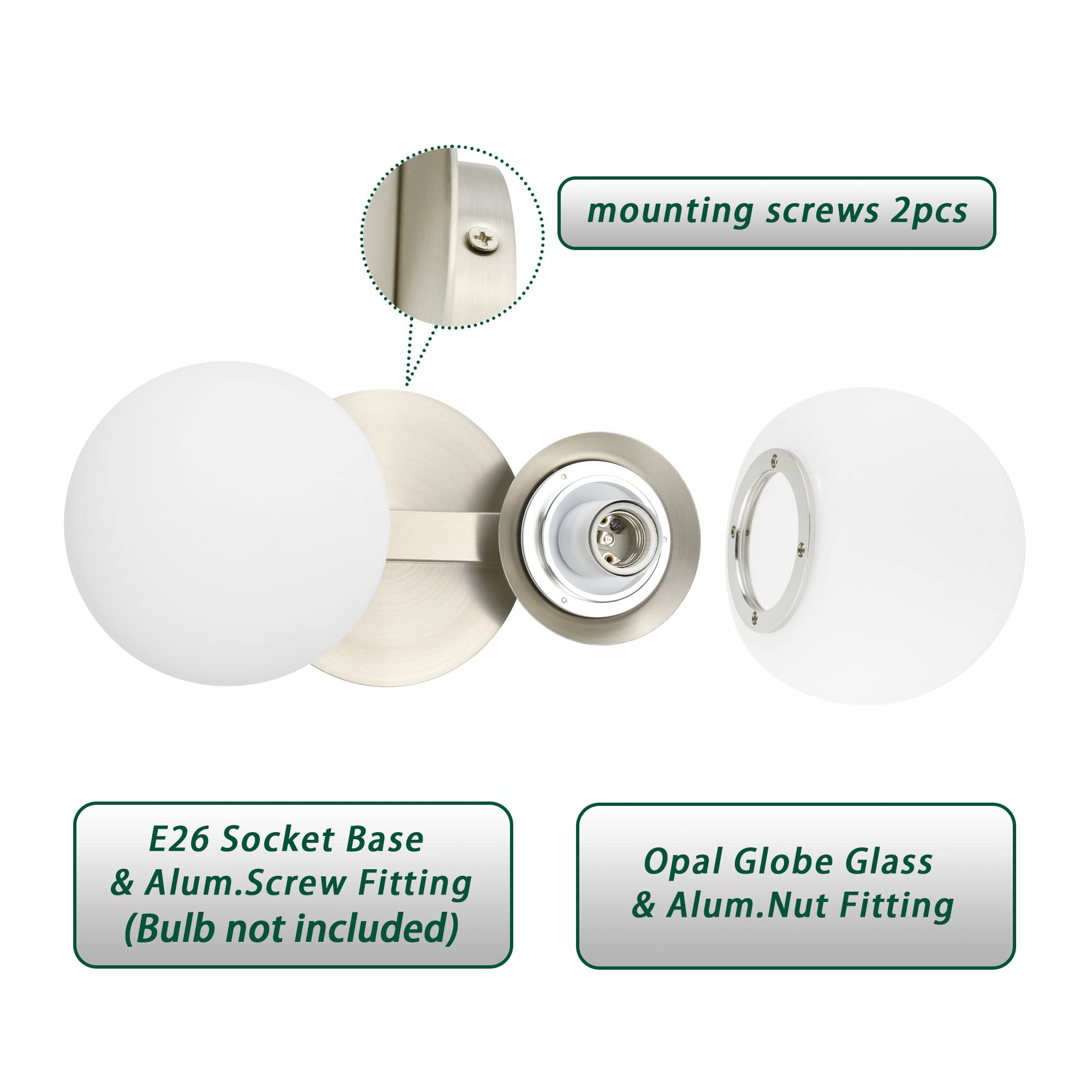 Bathroom Vanity Light Fixtures, Modern 2 Lights Globe Wall Sconce Lighting Brushed Nickel, Porch Wall Mount Light Fixture For Ba