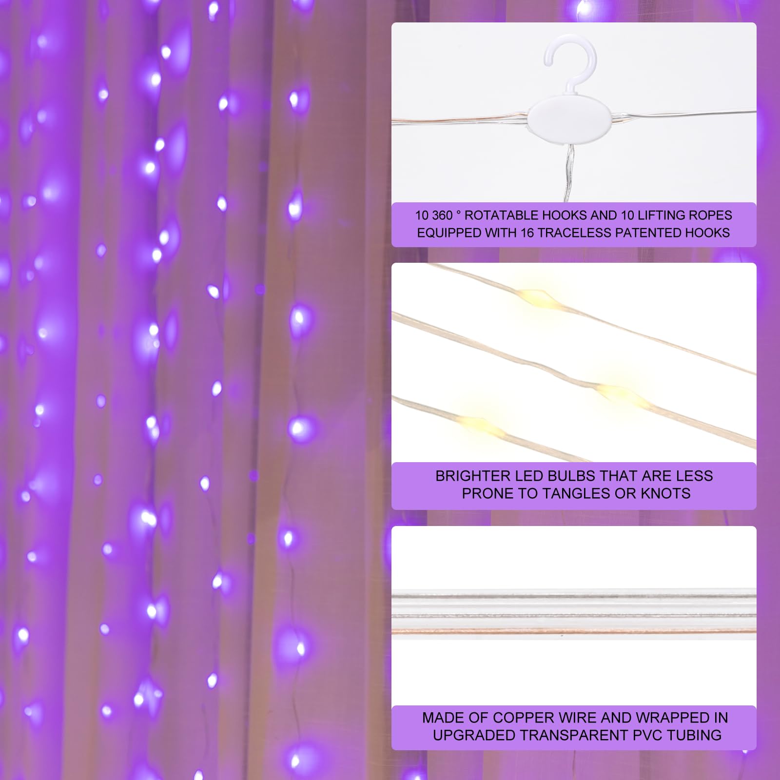 Sinamer Purple Curtain Light With Untangled Wires For Bedroom, 300Led 9.8Ft X 9.8Ft Window Fairy Curtain String Light With 16 Hooks, 8 Modes Remote Control For Wedding Party Home Indoor Decorations