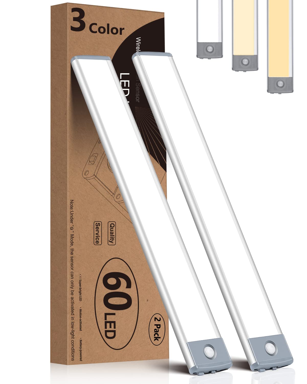PRIORARE Motion Sensor Closet Light, 60-LED Under Cabinet Lighting, USB Rechargeable, 3 Color Temperatures, Model DL2060D-D, 2 Pack