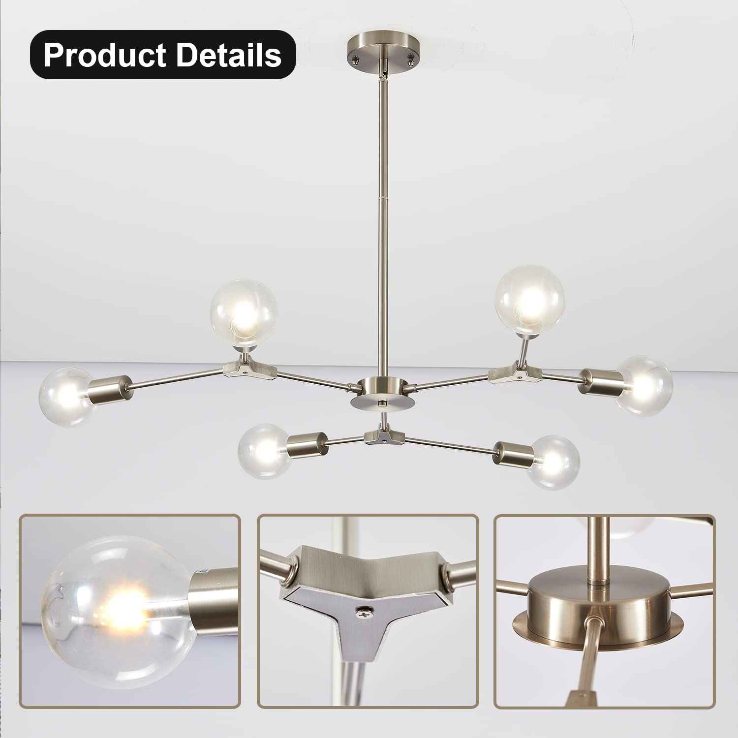 Kco Lighting Brushed Nickel Chandelier Modern 6-Light Sputnik Flush Mount Ceiling Light Fixture Contemporary Silver Chandelier Pendant Light Mid Century Living Room Light Fixture