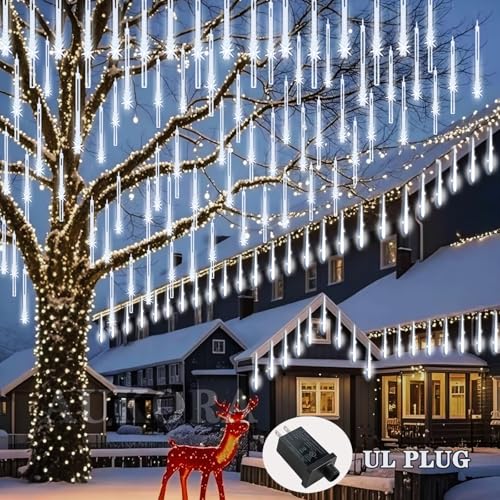 Aukora Led Meteor Shower Lights, 8 Tubes 192 Leds, 26.9Ft White Icicle Lights For Christmas, Weddings, Outdoor Decoration - Model Au-Fa-001