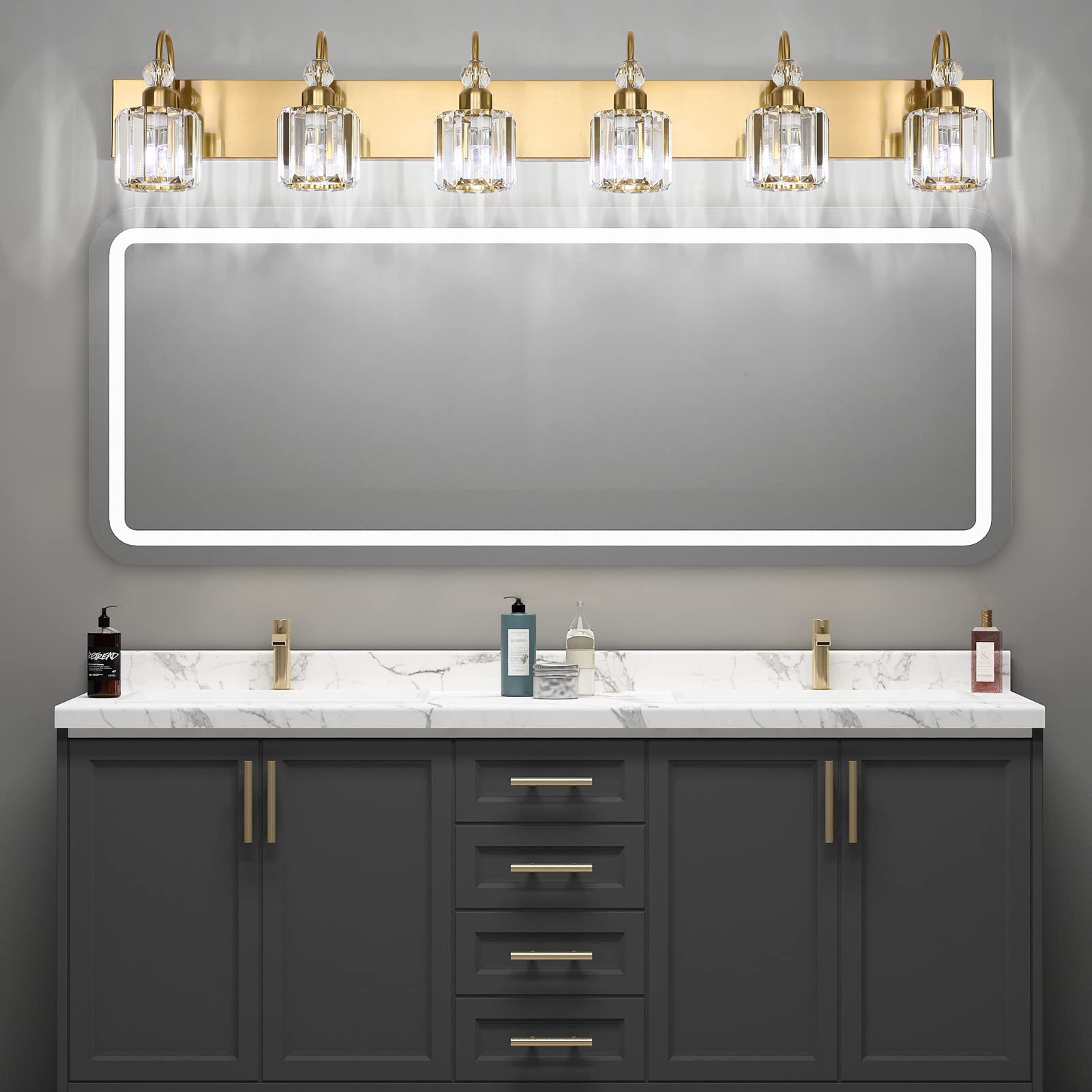 Ralbay 6-Light Gold Crystal Vanity Lights - Modern Brass Wall Fixtures For Bathroom, Model 8600, Elegant Round Design