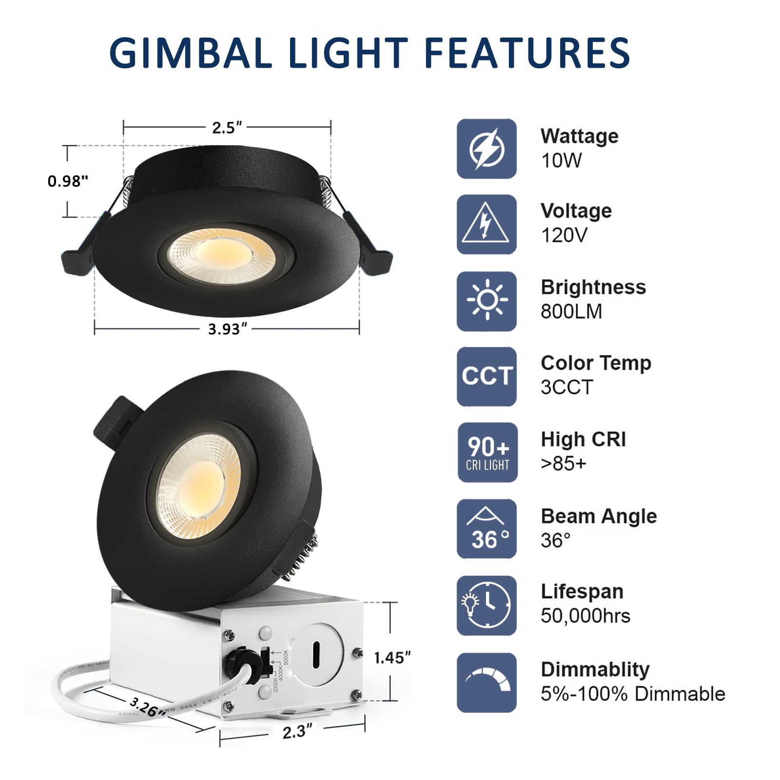 Sublimation Black 8 Packs 3 Inch 3Cct Gimbal Led Recessed Light With Junction Box 10W,Waterproof Recessed Lights For Shower,Black Recessed Lights,3 Colors Adjustable