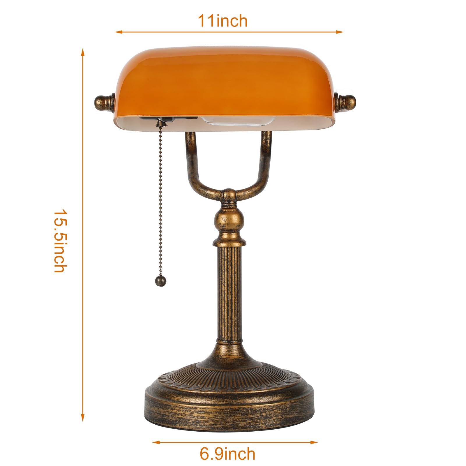 Nissafors Bankers Desk Lamp, Amber Glass Shade, Vintage Desk Lamp With Pull Chain Switch, Retro Table Lamps For Home Office Led