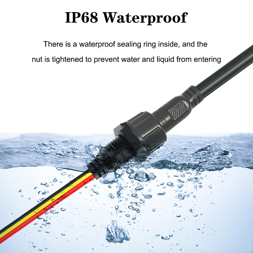 Newnewliu 3Pin Waterproof Connector,3 Wire Male Female Plug Led Connector With 18Awg M16 Waterproof Cover Extension Cable With T