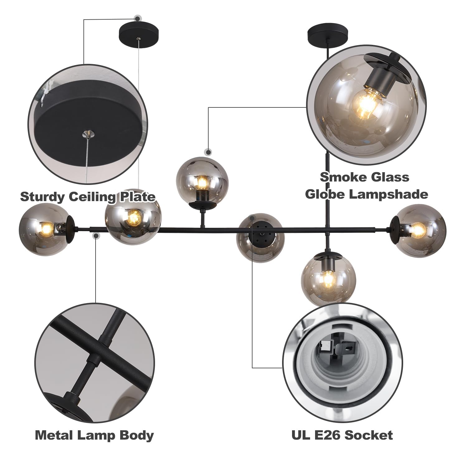 Kco Lighting 6-Light Mid Century Modern Rectangle Sputnik Chandelier Black Farmhouse Linear Chandelier Glass Globe Pendant Light