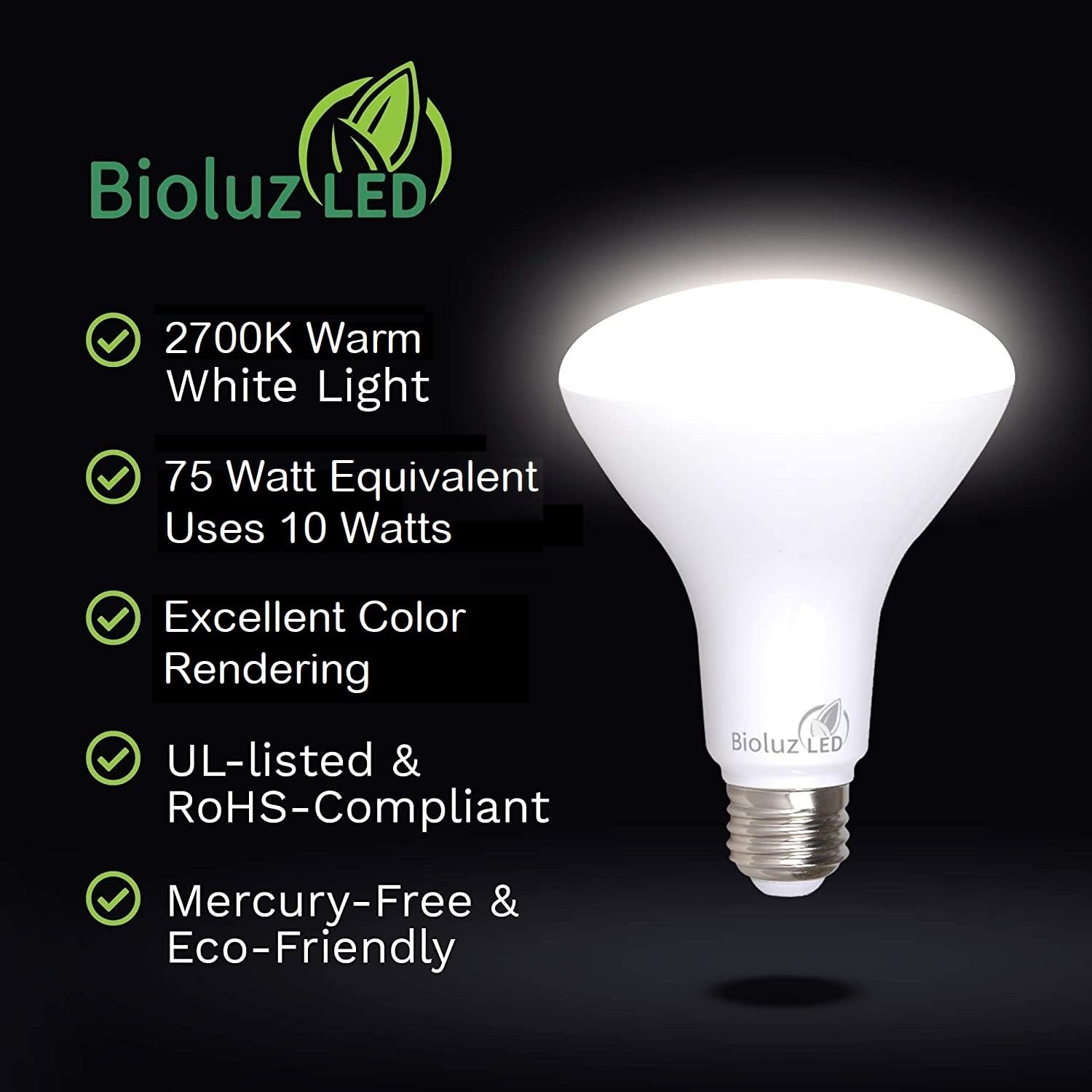 Bioluz Led 4 Pack Br30 Led Bulbs, Indoor Flood Lights High Cri 75W Equivalent Uses 10W 2700K Warm White 850 Lumens, E26 Base Dim