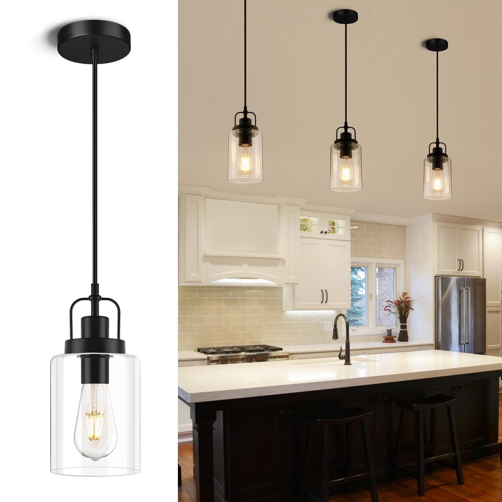 SEABLE Pendant Light Kitchen Island Black, Modern Pendant Light Fixture Clear Glass Cylinder Hanging Light for Kitchen Decor Din