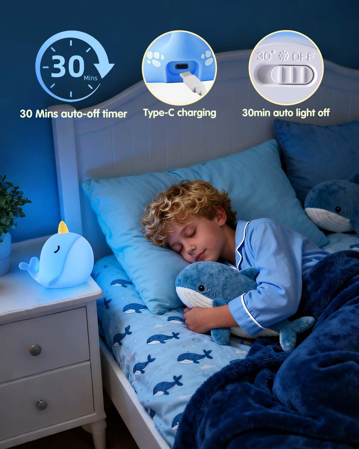 Fuloon Narwhal Night Light - Squishy Silicone Kids Lamp, USB-C Rechargeable, Blue, Small, Model DH-BFLD30
